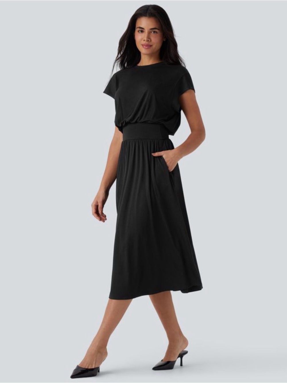 Halara Tummy Control Batwing Sleeve Flowy Midi Work Dress Pockets Black M - Picture 3 of 7